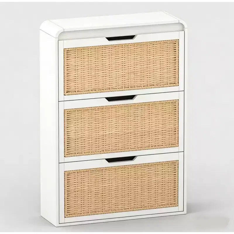 Boho Rattan Shoe Cabinet Narrow Shoe Storage Cabinet with 3 Flip Drawers Hidden Freestanding Shoe Rack Organizer for Entryway Slim, Hallway