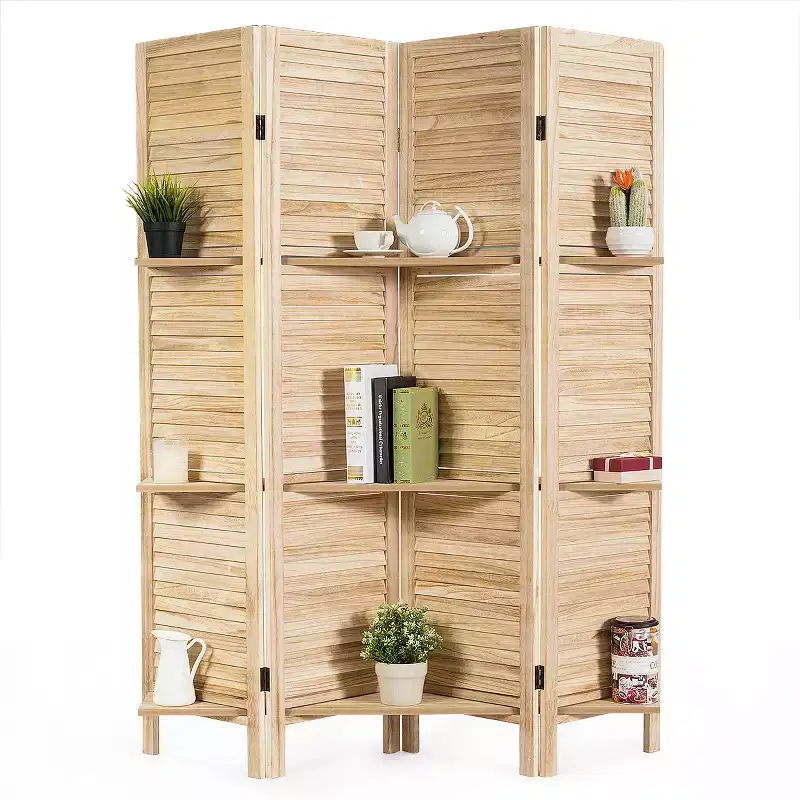 4 Panel Folding Room Divider Screen W/3 Display Shelves 5.6 Ft Tall WhiteNatural