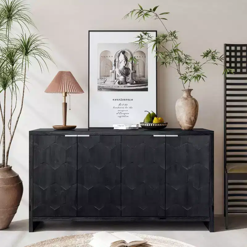 Okak Farmhouse Accent Cabinet, Sideboard Cabinet with Four Carved Patterns Doors, Storage Cabinet for Kitchen, Dining Room, Entryway