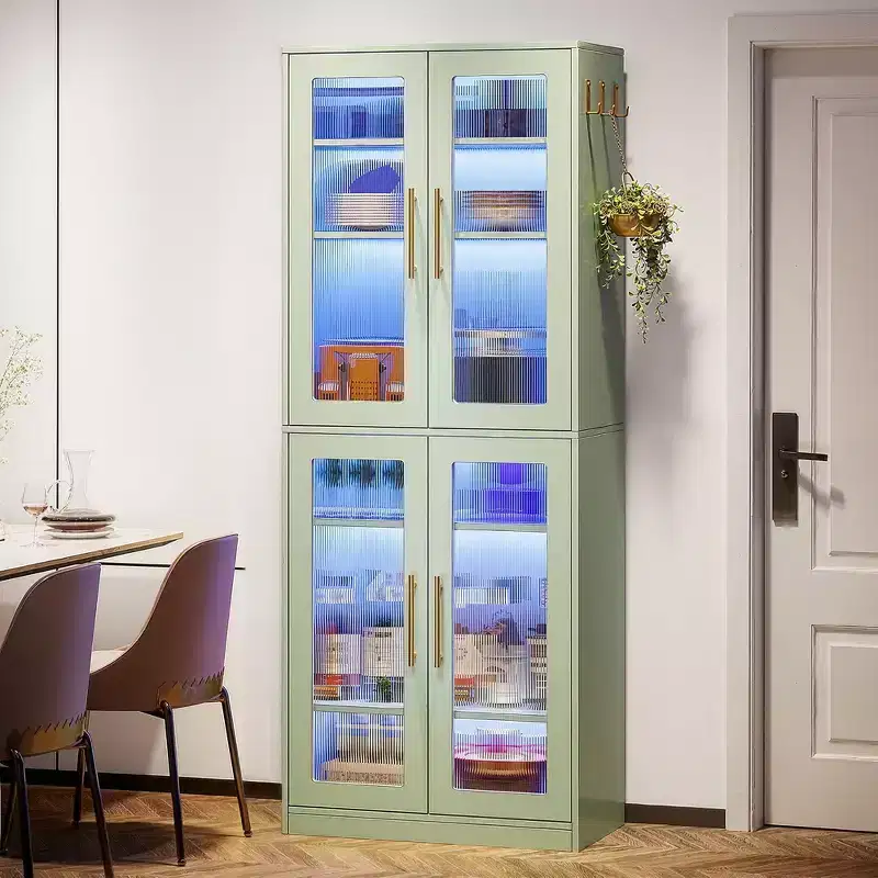 LED-Lit White Bookcase, Remote-Controlled RGB Light Acrylic Door Display Cabinet