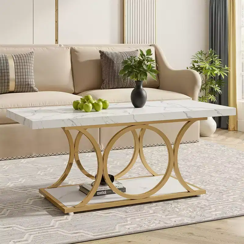 MAYEERTY 2-Tier Modern Coffee Table, White Faux Marble Top & Gold Metal Legs for Living Room