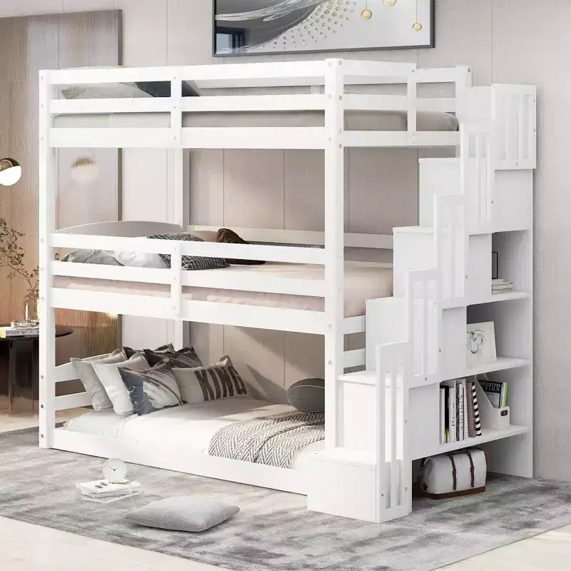 Whisen Twin Size Triple Bunk Bed with Storage Staircase, Separate Design