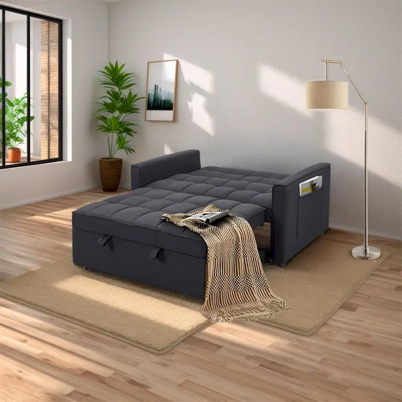 Stylish Pull-Out Sofa Bed w/Woven Polyester Fabric & Solid Wood Frame