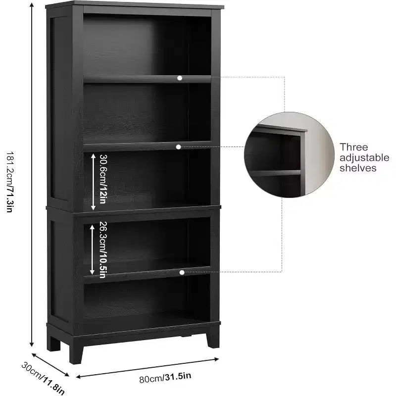 71 Farmhouse Bookcase, 5 Adjustable Shelves, 31.5W x 11.8D, Rustic Wood Grain, for Living Room Office Library (Gray, Wide)