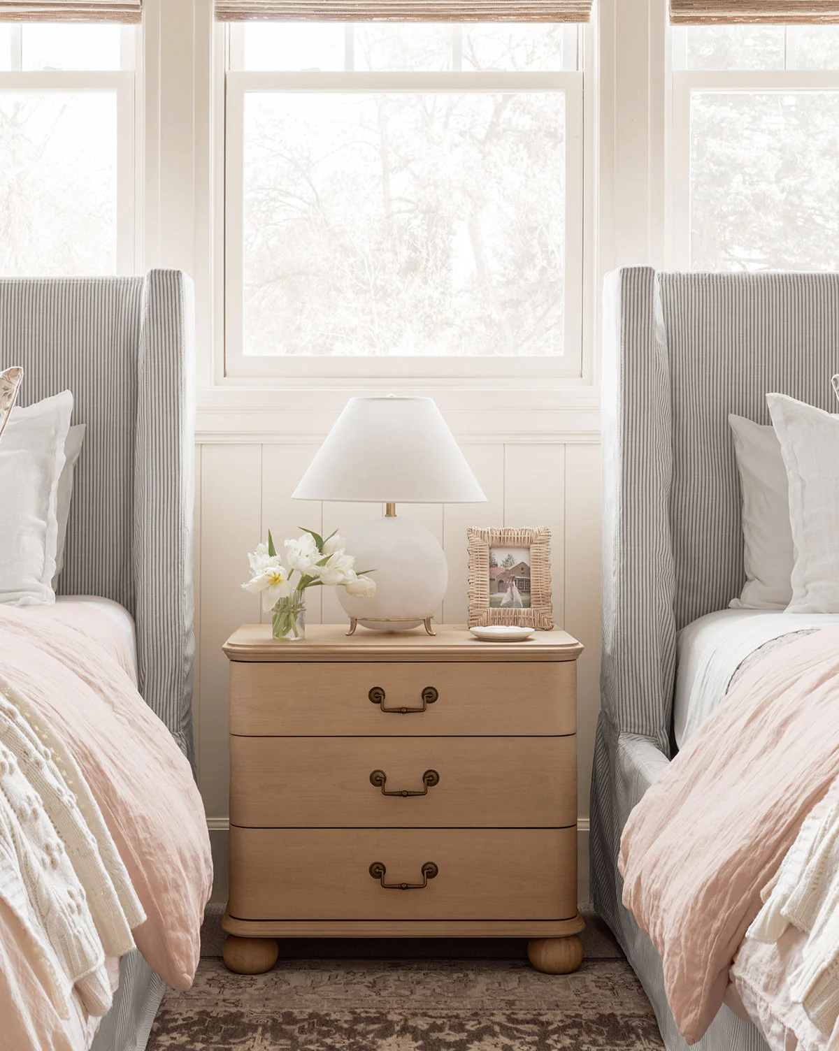 Traditional Birch Veneer Nightstand with Brass Hardware & Bun Feet for Bedroom