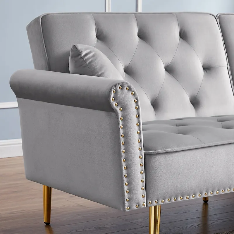 Velvet Tufted Sofa Couch with 2 Pillows and Nailhead Trim