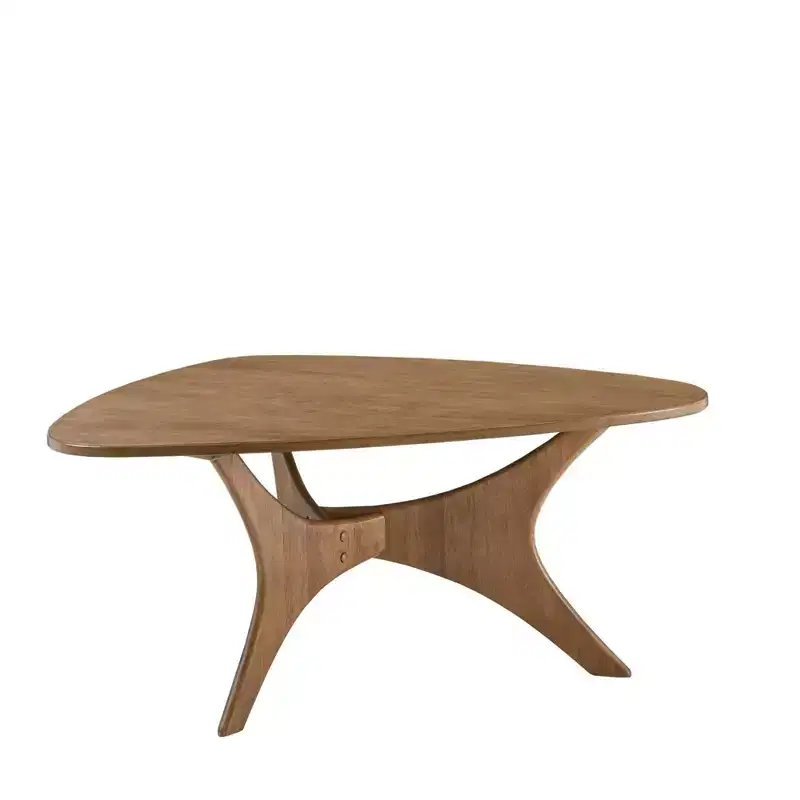 Triangular Wood Coffee Table Light Brown: Mid-Century Modern, Elm Finish, Unique Cross Base