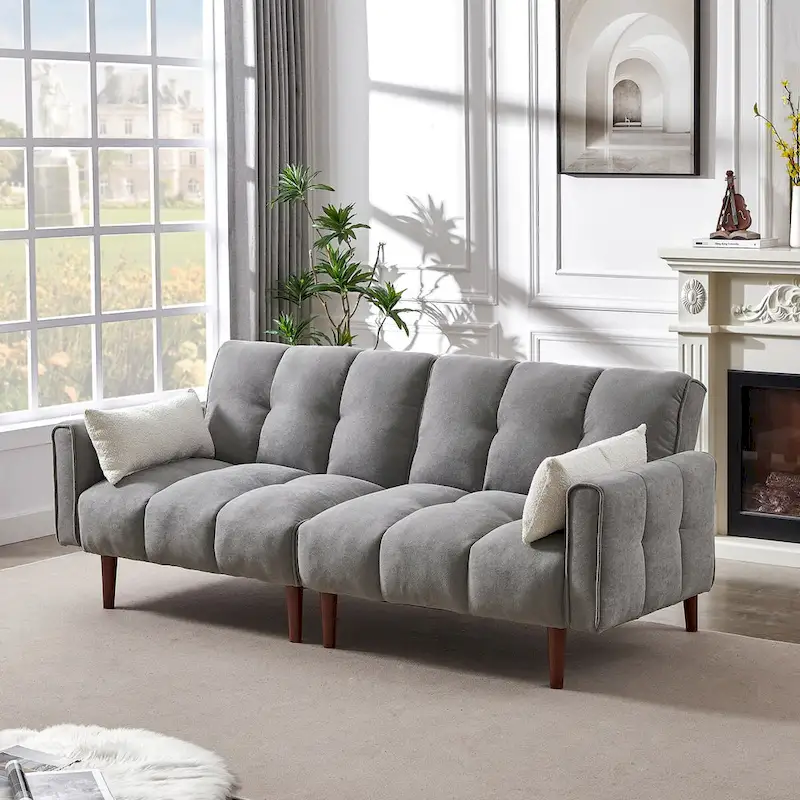 Convertible Futon Sofa Bed, Adjustable Couch Sleeper, Modern Fabric Linen Upholstered Futon Sofa bed with 2 Pillows