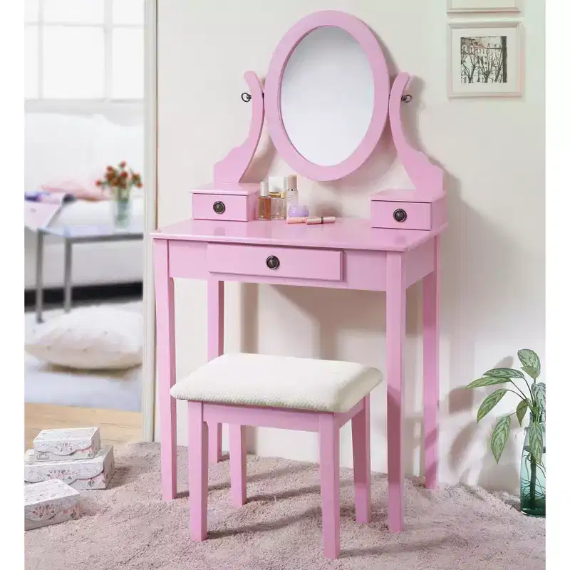 Moniys Wood Moniya Makeup Vanity Table and Stool Set, Pink