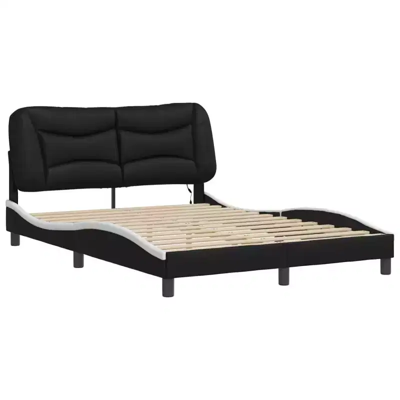 vidaXL LED-Lit Full Size Bed Frame in Black/White - 53.9x74.8 with Faux Leather Finish, Plywood Slats, and Comfort Headboard Cushion