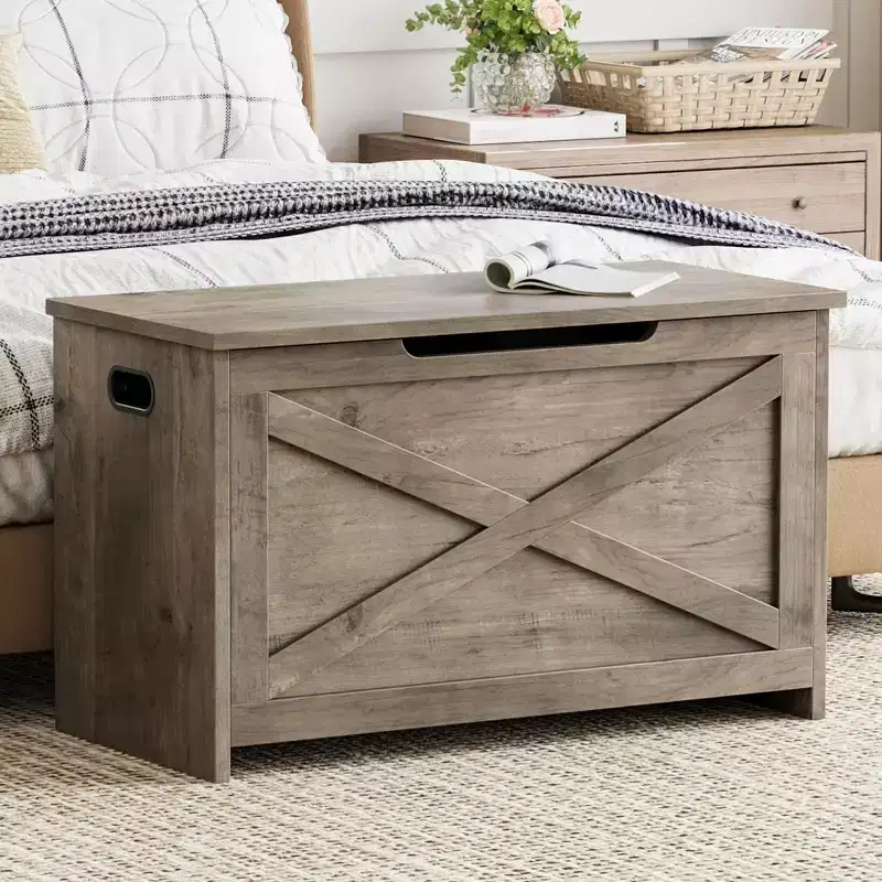 30 Inch Wooden Storage Bench with Safety Hinge, Large Shoe Storage Chest, Easy Assembly