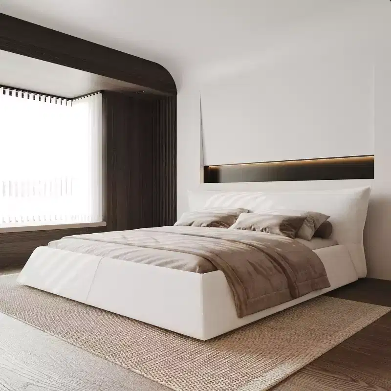 King Size Upholstered Platform Bed, Metal & Solid Wood Bed Frame with Special Shaped Velvet Headboard