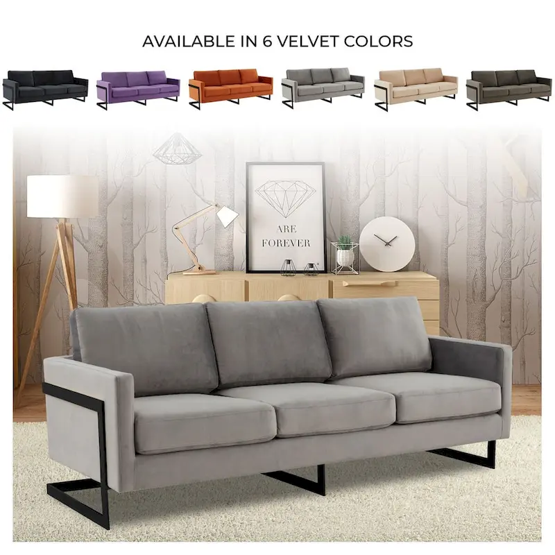 Leisuremod Lincoln 3-Seater Upholstered Velvet Sofa with Black Stainless-Steel Base