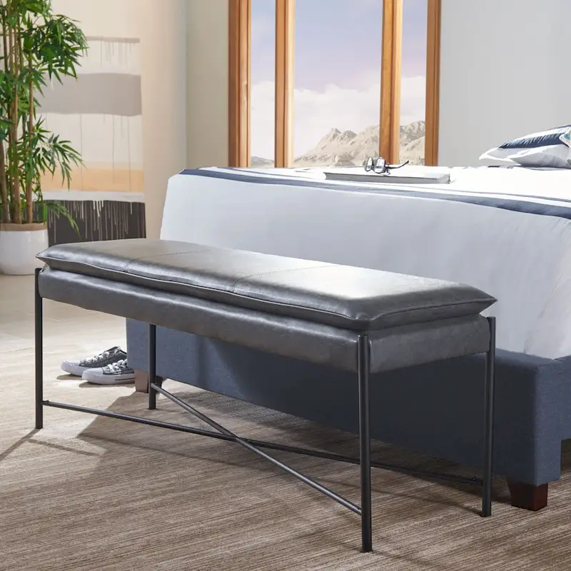 Cushioned X-Bench with Neutral Leather Seat – Minimalist Living Room Bench