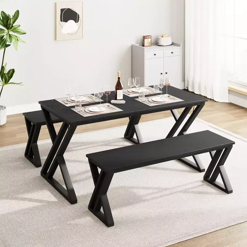 Dining Table Set for 4-6, 55 Large Kitchen Table Set with 2 Benches, Black