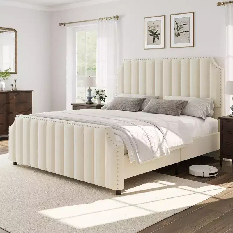 Whizmax Platform Bed Frame with 50.2 Headboard, Velvet Upholstered with Vertical Channel Tufted Headboard , No Box Spring Needed