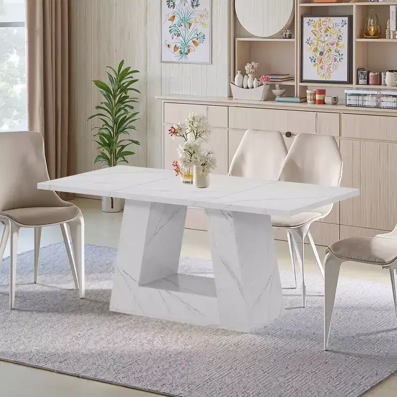 63 Inch Faux Marble Dining Table, 4-6 Seater Modern Table with Trapezoidal Legs for Dining Room