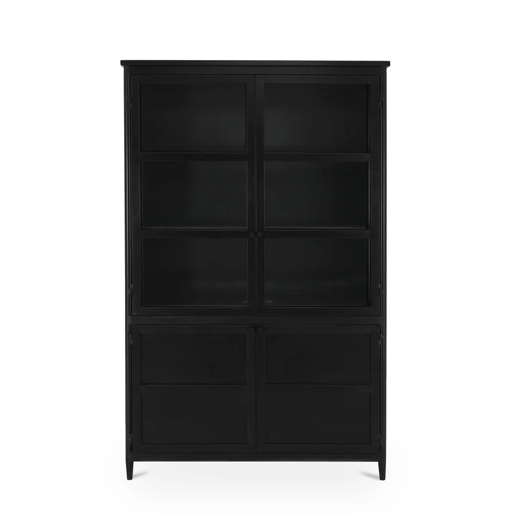 Transitional Matte Black Metal & Glass Tall Cabinet with Adjustable Shelves & Media Cutouts for Living Room or Study