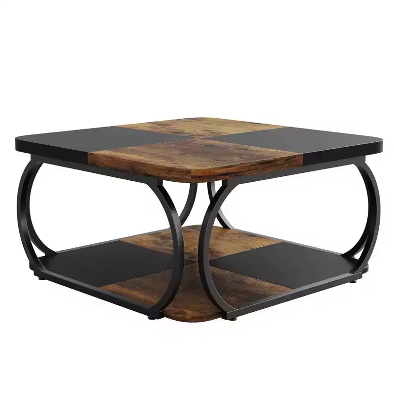 40 Farmhouse 2-tier Low Square Coffee Table with Wood Storage Shelf Heavy Duty Metal Curved Frame for Living Room