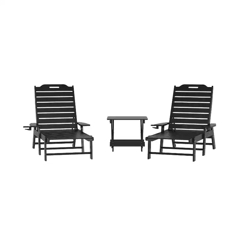 Emma and Oliver 3-Piece Indoor/Outdoor Set with 2 Poly Resin Adjustable Adirondack Loungers with Swivel Cup Holders and Folding Side Table