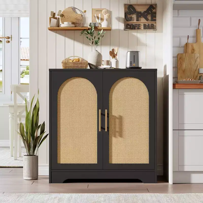 Modern Sideboard Buffet Cabinet with 2 Rattan Doors, Credenza Storage Console for Living Room