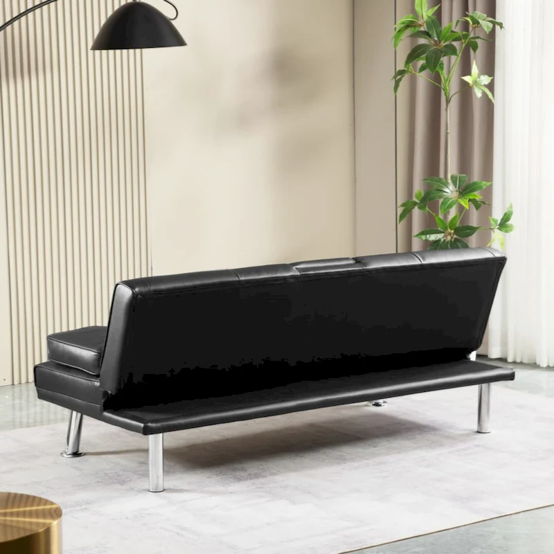 PU Upholstered Modern Convertible Folding Futon Sofa Bed Removable Armrests, Metal Legs, with 2 Cupholders