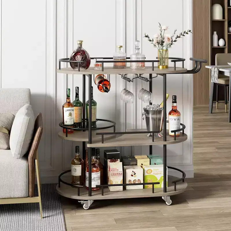 Bar Carts with 4-Tiers Storage ShelvesMobile Bar Seving Carts On Wheels with Wine Rack and Glass Holder for Kitchen, Dining Room, Living Room