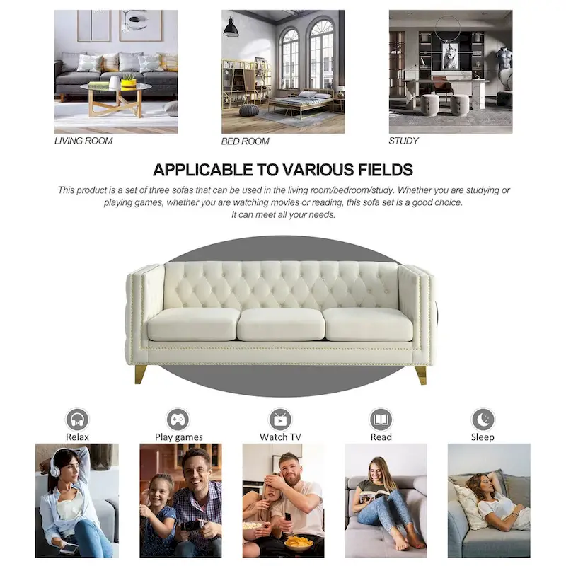 Modern Velvet Sofa Couch Upholstered Button and Metal Legs