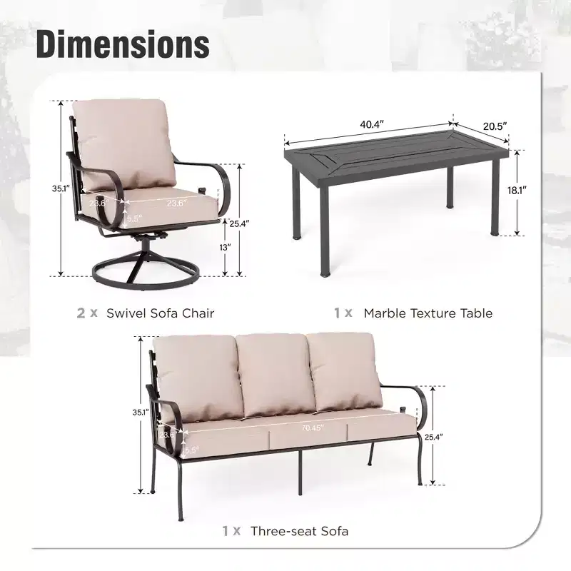 Captiva Designs 4pc extra large metal outdoor patio conversation set with swivel pattern-back chairs and coffee table