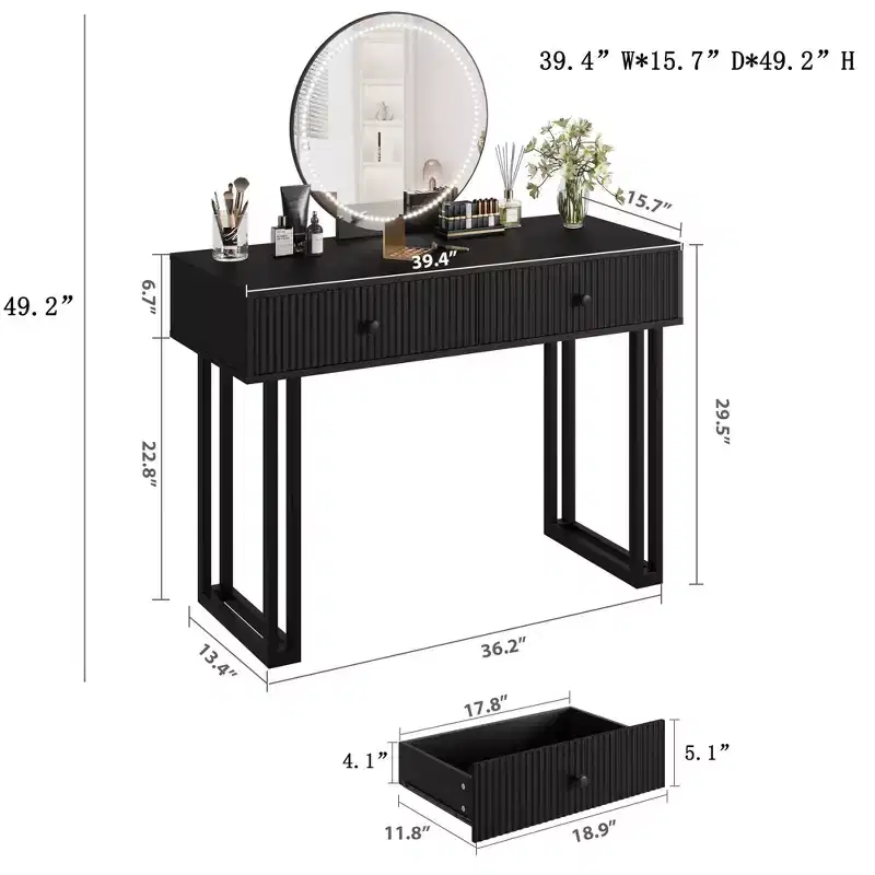Vanity Desk with Mirror and Lights, Makeup Vanity with 2 Drawers, Modern Vanity Organizer with 3 Color Lights