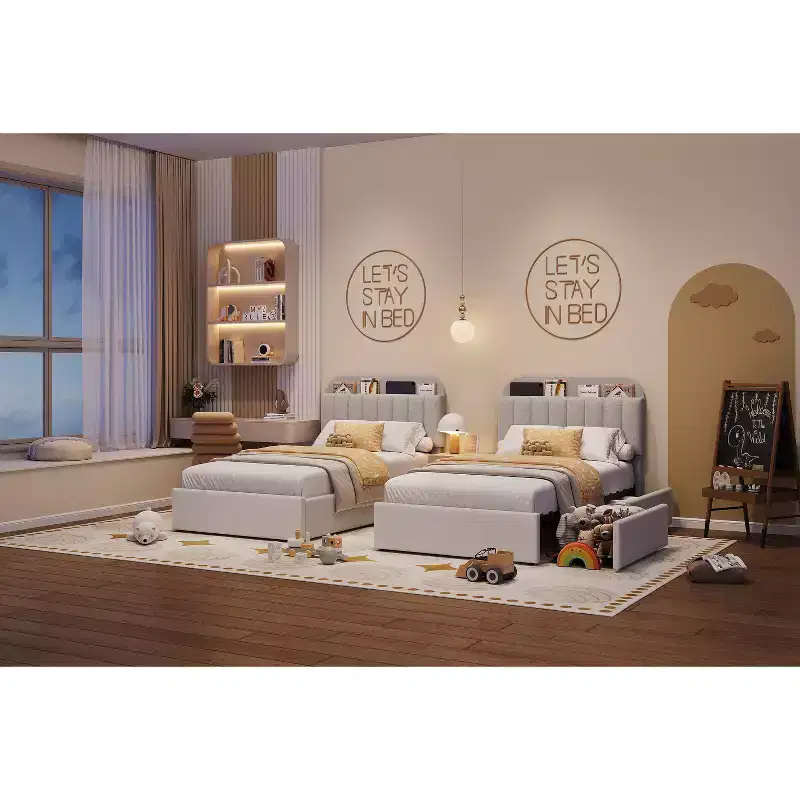 Twin Boucle Upholstered Platform Bed for Kids, Grey, with Storage Headboard/Bookcase/2 Drawers, Noise-Free, Easy Assembly, No Box Spring Need, Modern