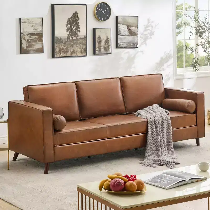 GustoWave 80'' Mid-Century Modern Couch, 3-Seat Faux Leather Sofa with Upholstered Cushions/Pillows for Living Room, Brown