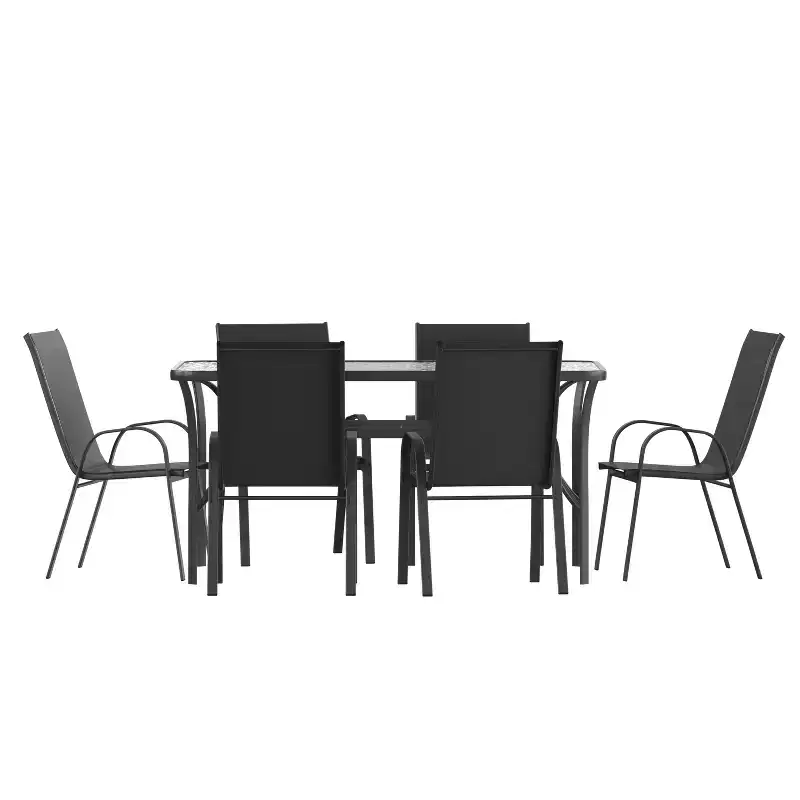Flash Furniture Brazos 7 Piece Commercial Grade Patio Dining Set with Tempered Glass Patio Table and 6 Chairs with Flex Comfort Material Seats and Backs