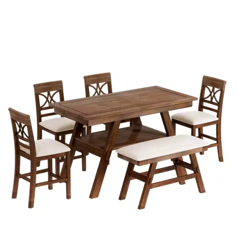Whisen Rustic 6-Piece Counter Height Dining Table Set with Bench and 4 Upholstered Chairs