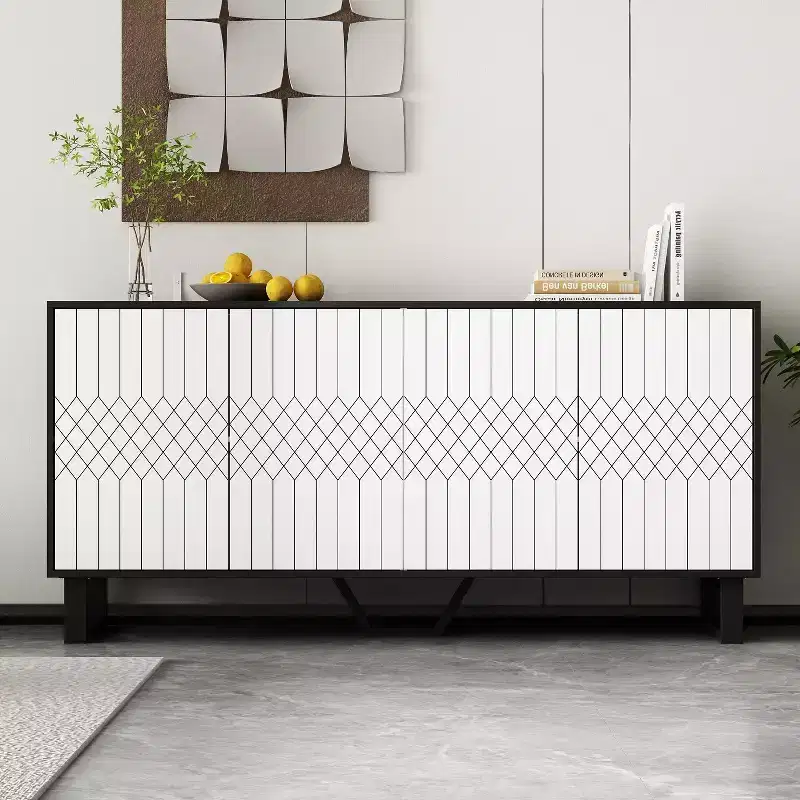 Modern Black & White Buffet Sideboard with Geometric Pattern Doors, Adjustable Shelves and Spacious Storage for Dining & Living Spaces