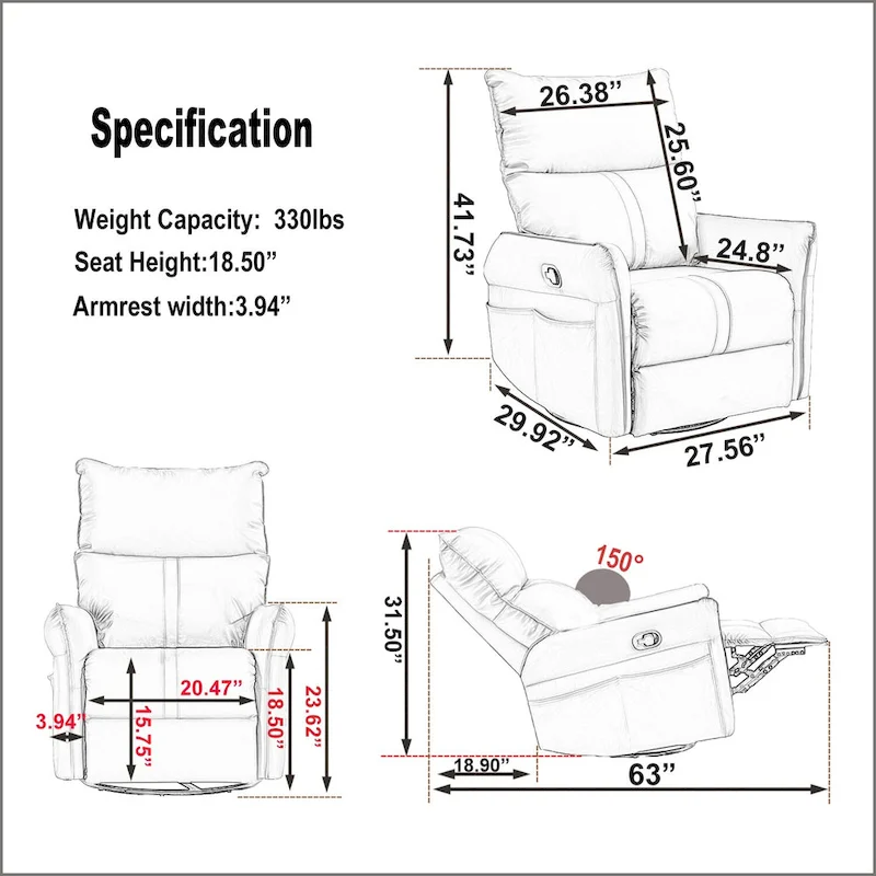 Modern Small Rocking Swivel Recliner Chair with Overstuffed Seat