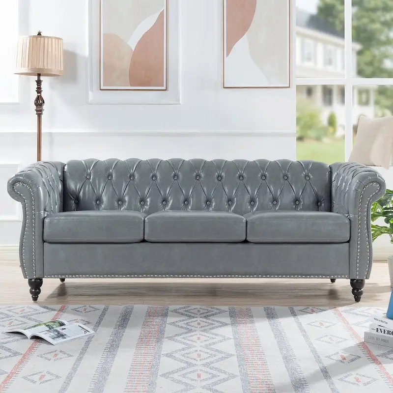 84.65 Chesterfield Tufted Faux Leather Sofa with Rolled Arms