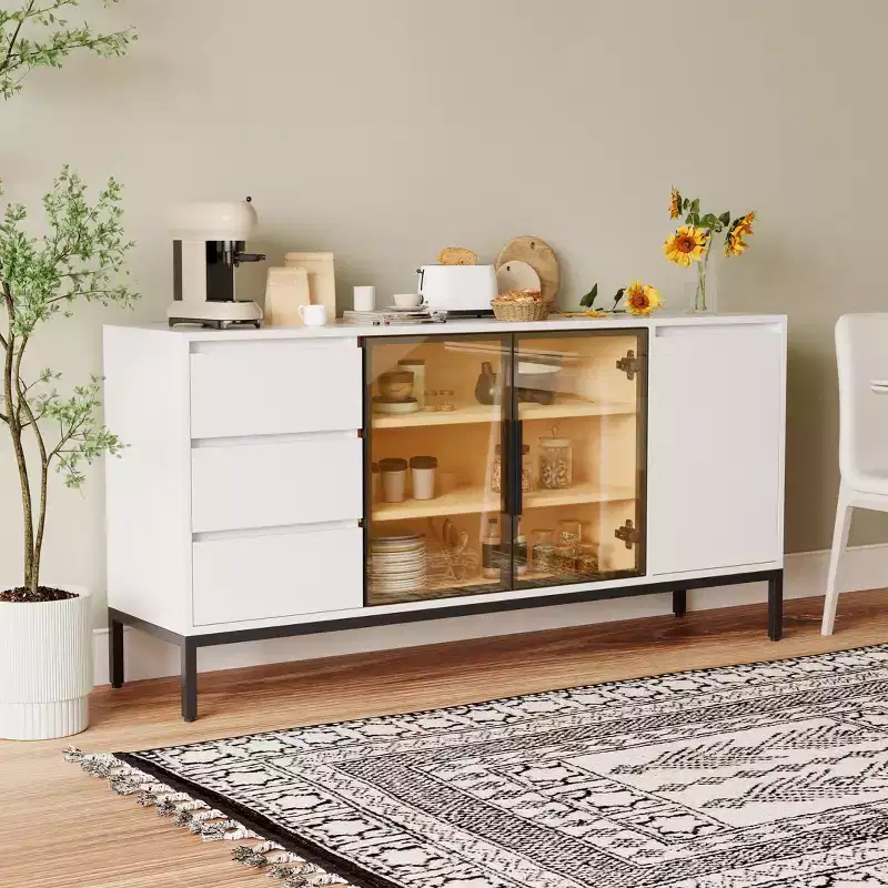 63 Sideboard Buffet Cabinet, Wood Coffee Bar Cabinet with Glass Door & Drawers, Modern Media Console Table, Kitchen Pantry Cabinet for Living Room