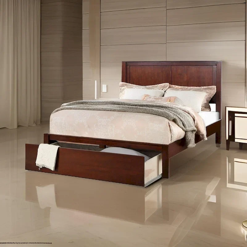 Kali Platform California King Panel Bed, Storage Drawer, Cherry Brown Wood