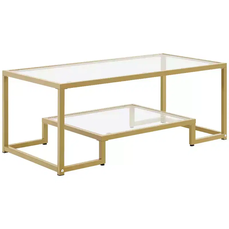 Yaheetech Modern Tempered Glass Coffee Table With Open Shelf for Living Room Gold