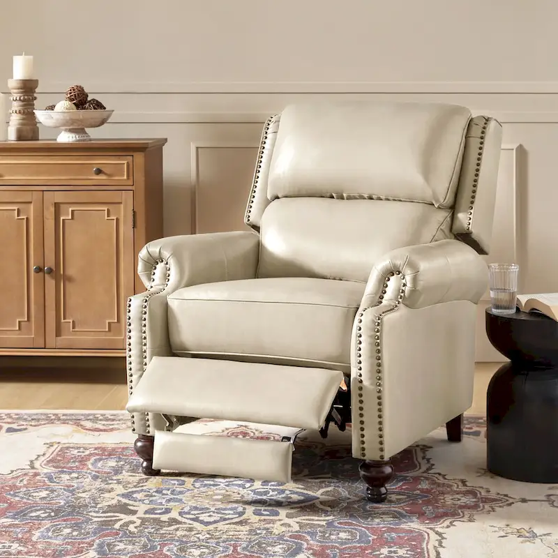 Gabriela Mid-Century Modern Genuine Leather Recliner with Tapered Block Feet by HULALA HOME