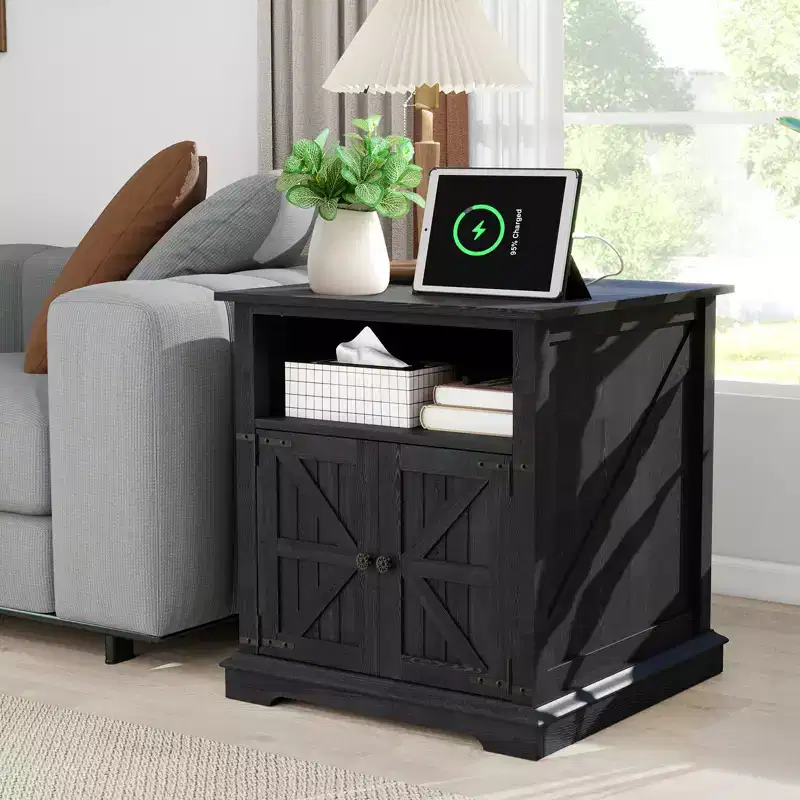 24 Inch Nightstand with Charging Station, Farmhouse End Table with 2 Drawers & Adjustable Shelf, Solid Wood Legs Bedside Table