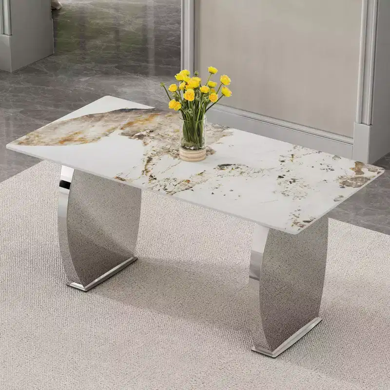 Rectangular Dining Table with Stone Pattern Tabletop, Kitchen Table for Dining Room, Living Room, Office