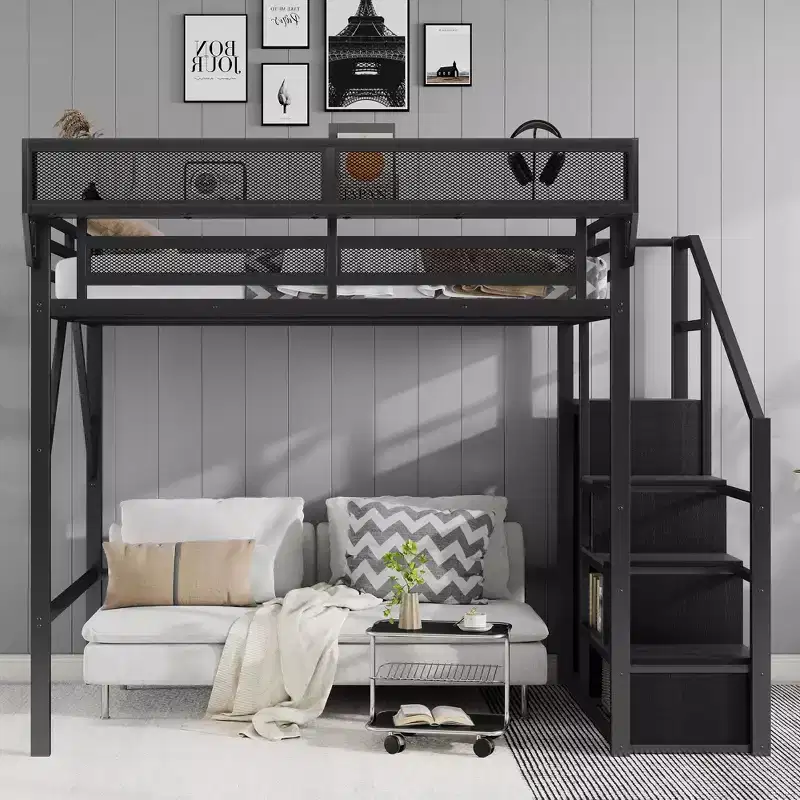 Full Size Metal Loft Bed with Stairs, Storage Shelves & Wardrobe