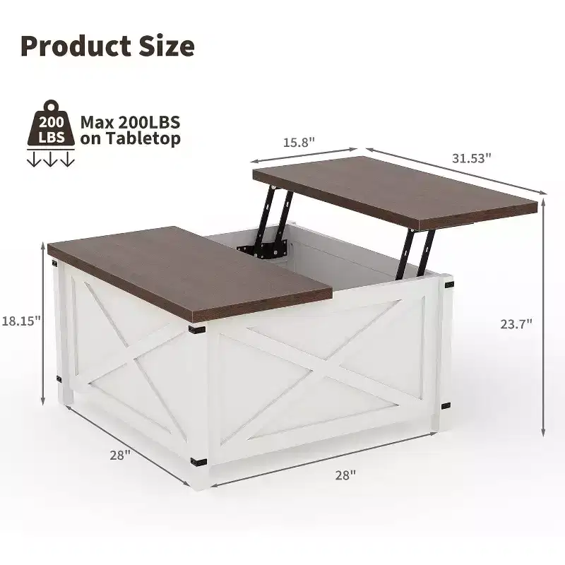 Lift Top Coffee Table - Farmhouse Industrial Style with Hidden Storage