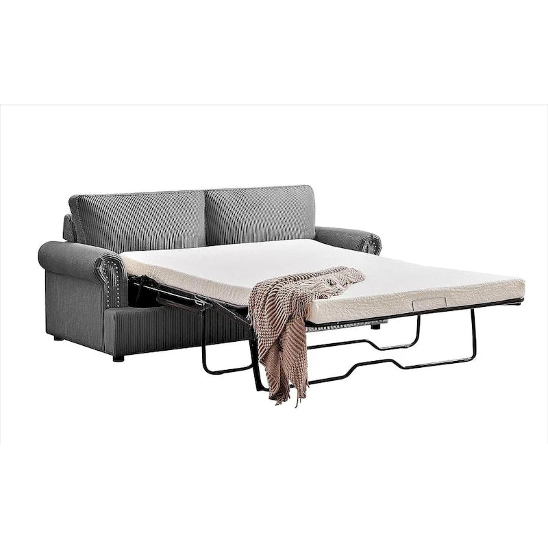 76-Inch Corduroy Sofa Bed with Round Arms and Pull-Out Queen Mattress