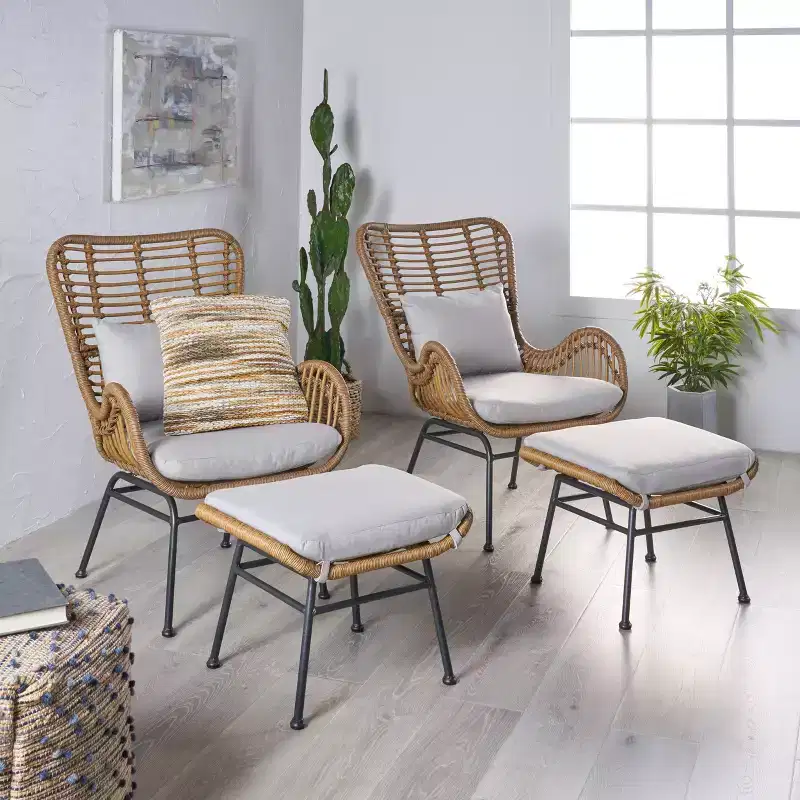 GDFStudio Izidro Indoor Boho Modern Wicker 4 Piece Club Chair and Ottoman Set