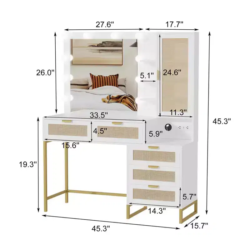 Vanity Benches, Modern Makeup Vanity Desk with Adjustable Mirror, Built in Charging Station, 5 Drawers