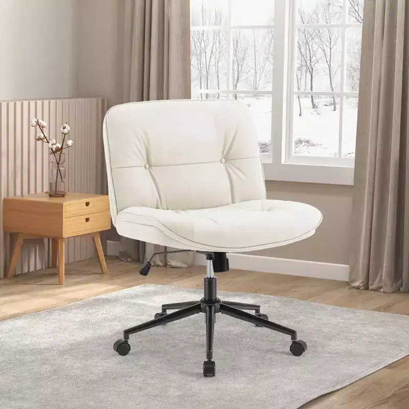 Armless Ergonomic Office Chair, Wide PU Leather Swivel Computer Chair with Adjustable Height & Omni-Directional Casters