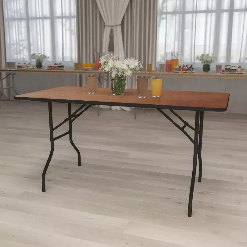 5-Foot Rectangular Wood Folding Banquet Table – Seats 6, 485 lb Capacity, Commercial Grade